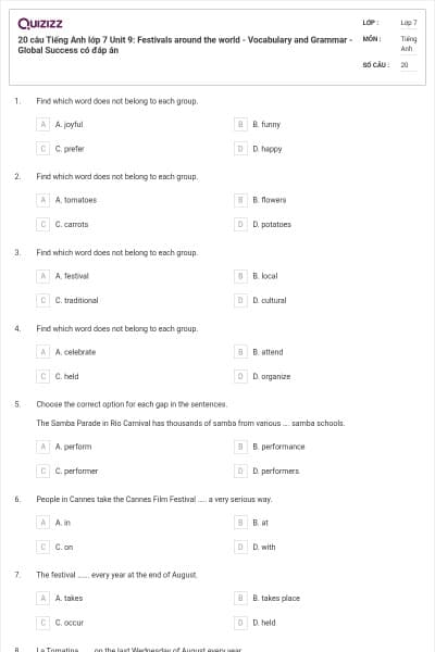 20 câu Tiếng Anh lớp 7 Unit 9: Festivals around the world - Vocabulary and Grammar - Global Success có đáp án