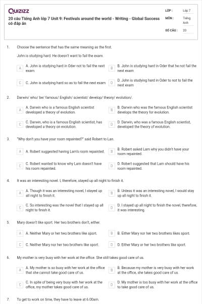 20 câu Tiếng Anh lớp 7 Unit 9: Festivals around the world - Writing - Global Success có đáp án
