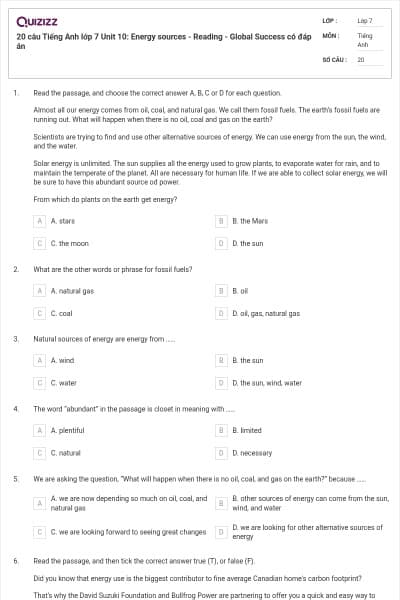 20 câu Tiếng Anh lớp 7 Unit 10: Energy sources - Reading - Global Success có đáp án