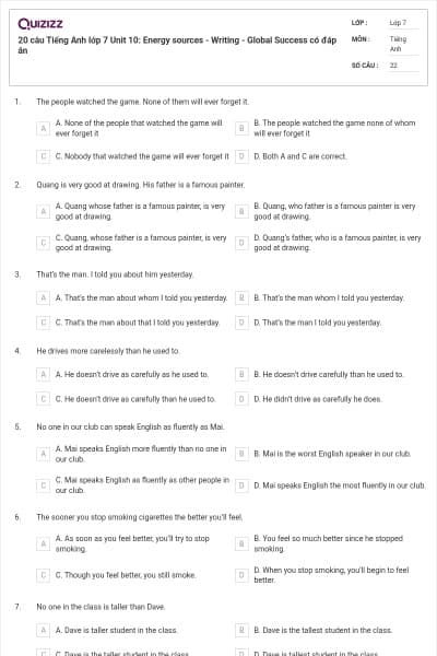 20 câu Tiếng Anh lớp 7 Unit 10: Energy sources - Writing - Global Success có đáp án