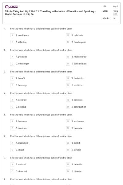 20 câu Tiếng Anh lớp 7 Unit 11: Travelling in the future - Phonetics and Speaking - Global Success có đáp án