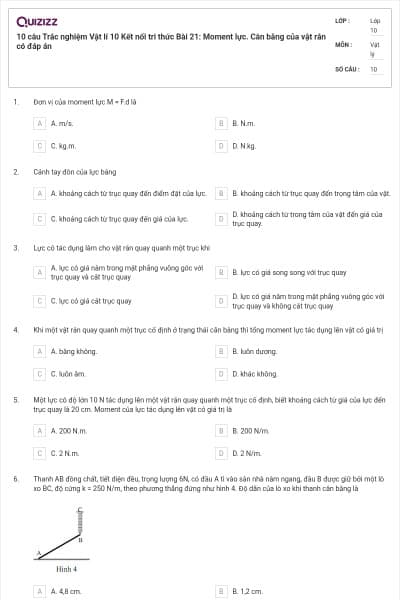 10 câu Trắc nghiệm Vật lí 10 Kết nối tri thức Bài 21: Moment lực. Cân bằng của vật rắn có đáp án