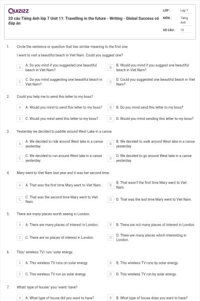 20 câu Tiếng Anh lớp 7 Unit 11: Travelling in the future - Writing - Global Success có đáp án