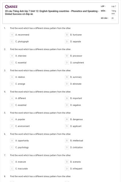 20 câu Tiếng Anh lớp 7 Unit 12: English Speaking countries - Phonetics and Speaking - Global Success có đáp án