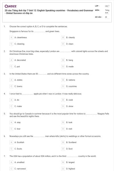 20 câu Tiếng Anh lớp 7 Unit 12: English Speaking countries - Vocabulary and Grammar - Global Success có đáp án