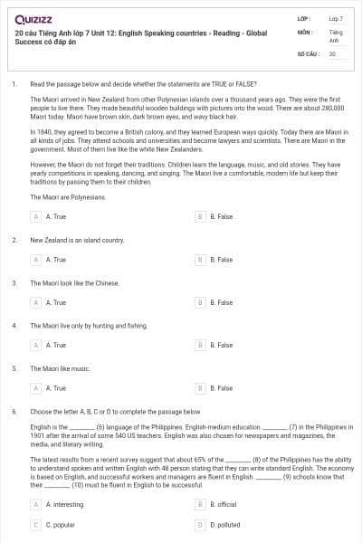 20 câu Tiếng Anh lớp 7 Unit 12: English Speaking countries - Reading - Global Success có đáp án
