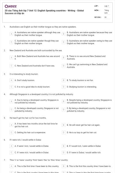 20 câu Tiếng Anh lớp 7 Unit 12: English Speaking countries - Writing - Global Success có đáp án