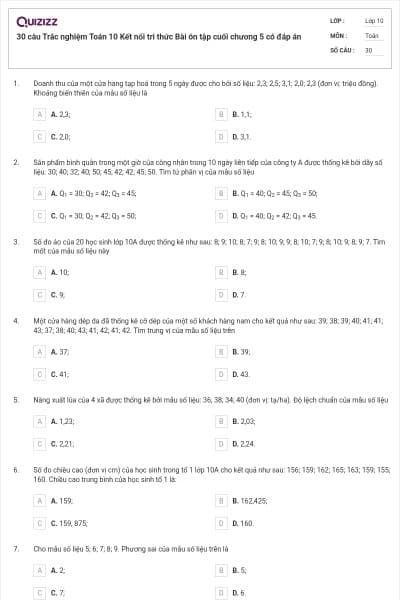 30 câu Trắc nghiệm Toán 10 Kết nối tri thức Bài ôn tập cuối chương 5 có đáp án