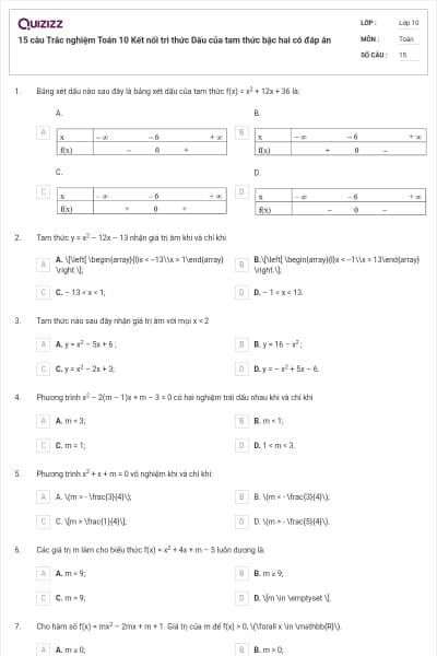 15 câu  Trắc nghiệm Toán 10 Kết nối tri thức Dấu của tam thức bậc hai có đáp án