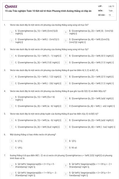 15 câu  Trắc nghiệm Toán 10 Kết nối tri thức Phương trình đường thẳng có đáp án