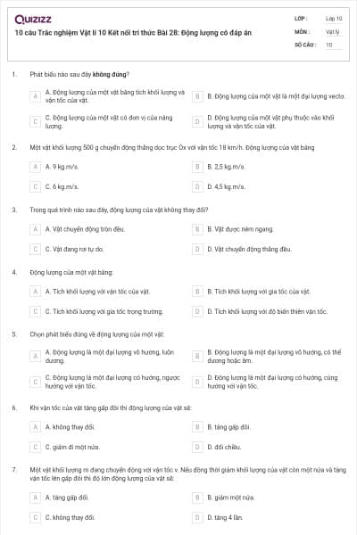 10 câu Trắc nghiệm Vật lí 10 Kết nối tri thức Bài 28: Động lượng có đáp án