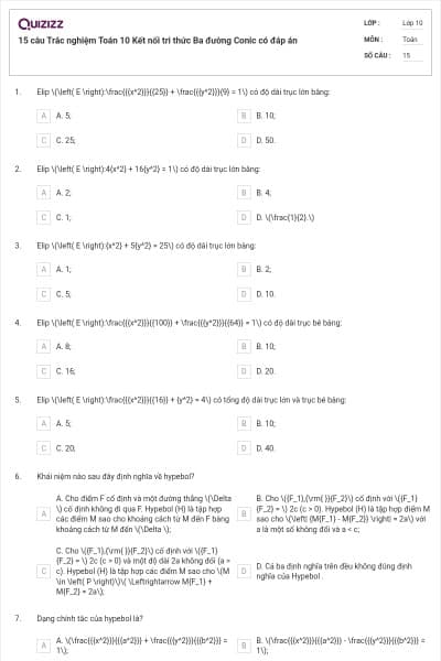 15 câu Trắc nghiệm Toán 10 Kết nối tri thức Ba đường Conic có đáp án