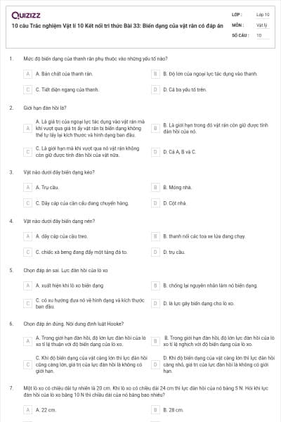 10 câu  Trắc nghiệm Vật lí 10 Kết nối tri thức Bài 33: Biến dạng của vật rắn có đáp án