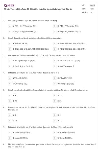 15 câu  Trắc nghiệm Toán 10 Kết nối tri thức Bài tập cuối chương 9 có đáp án