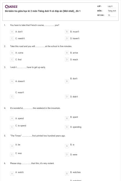 Đề kiểm tra giữa học kì 2 môn Tiếng Anh 9 có đáp án (Mới nhất)_ đề 1
