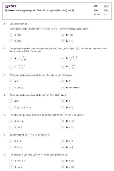 Bộ 10 Đề kiểm tra giữa học kì 2 Toán 10 có đáp án (Mới nhất) (Đề 9)