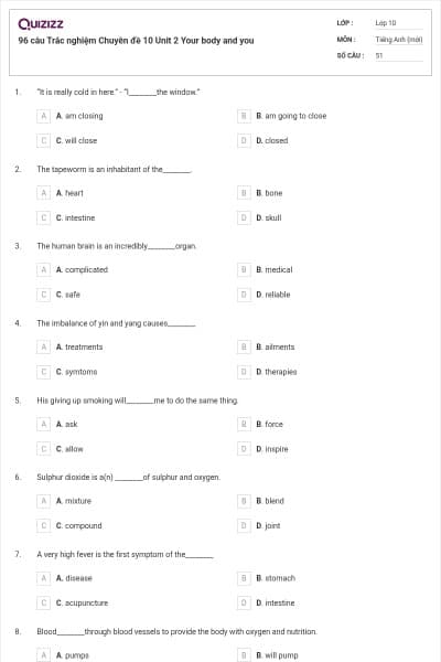 96 câu Trắc nghiệm Chuyên đề 10 Unit 2 Your body and you
