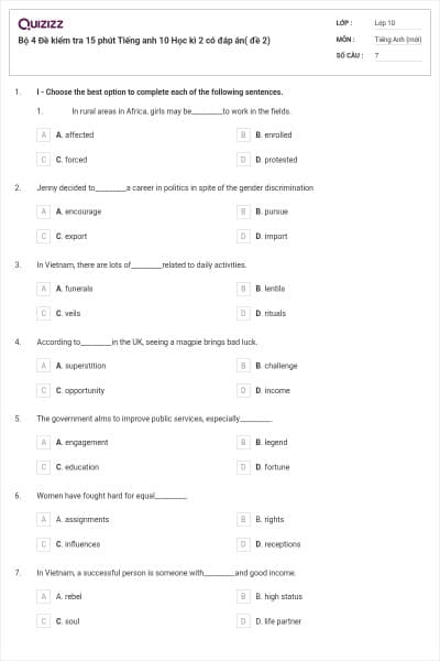 Bộ 4 Đề kiểm tra 15 phút Tiếng anh 10 Học kì 2 có đáp án( đề 2)