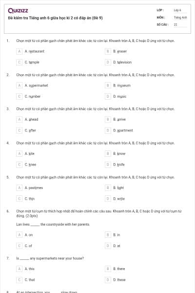 Đề kiểm tra Tiếng anh 6 giữa học kì 2 có đáp án (Đề 9)