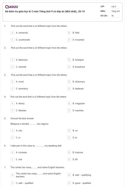 Đề kiểm tra giữa học kì 2 môn Tiếng Anh 9 có đáp án (Mới nhất)_ đề 10