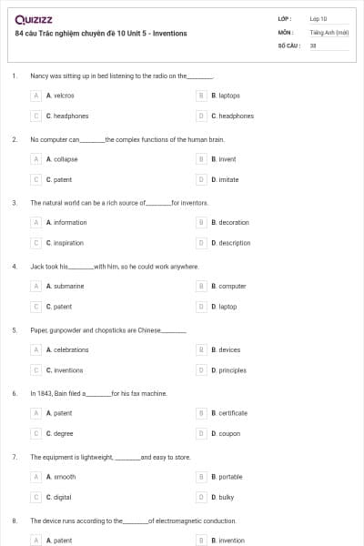 84 câu Trắc nghiệm chuyên đề 10 Unit 5 - Inventions