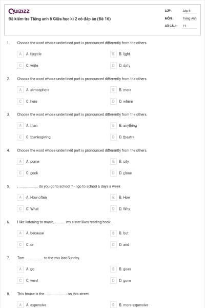 Đề kiểm tra Tiếng anh 6 Giữa học kì 2 có đáp án (Đề 16)