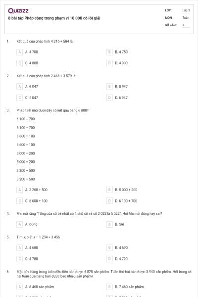 8 bài tập Phép cộng trong phạm vi 10 000 có lời giải