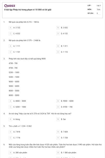 8 bài tập Phép trừ trong phạm vi 10 000 có lời giải