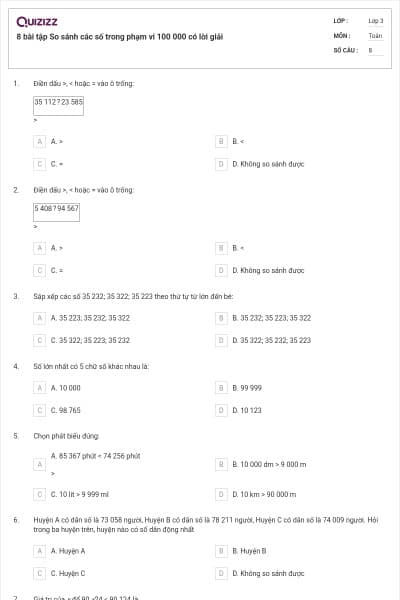 8 bài tập So sánh các số trong phạm vi 100 000 có lời giải