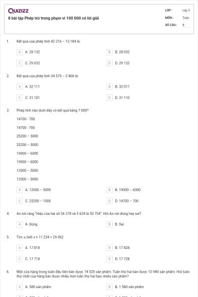 8 bài tập Phép trừ trong phạm vi 100 000 có lời giải
