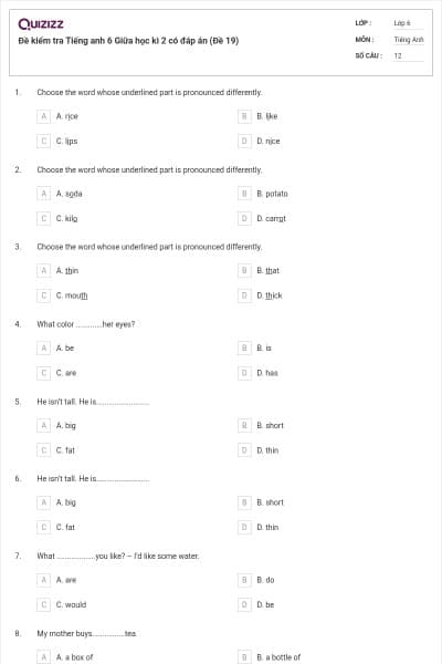 Đề kiểm tra Tiếng anh 6 Giữa học kì 2 có đáp án (Đề 19)