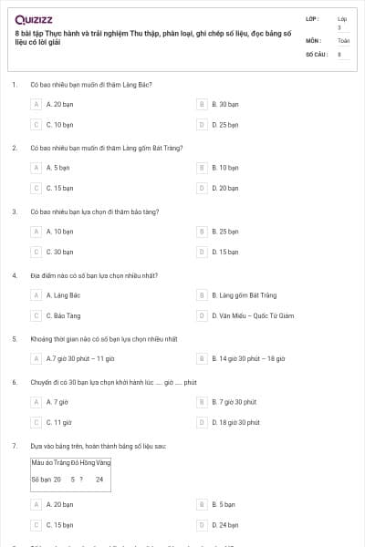 8 bài tập Thực hành và trải nghiệm Thu thập, phân loại, ghi chép số liệu, đọc bảng số liệu có lời giải