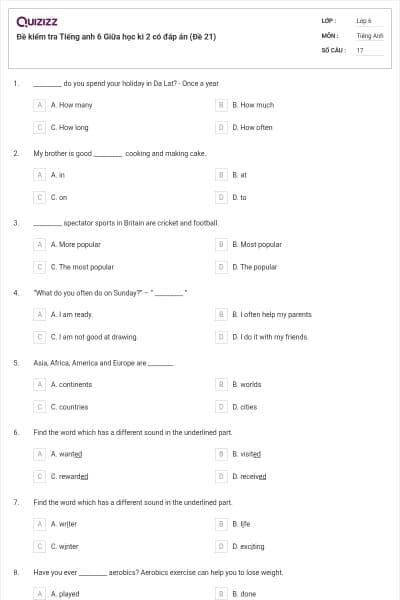 Đề kiểm tra Tiếng anh 6 Giữa học kì 2 có đáp án (Đề 21)