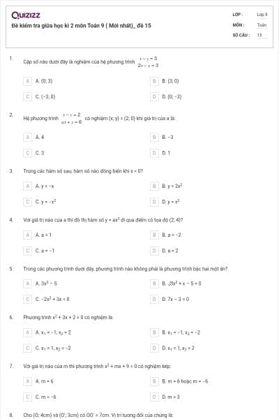Đề kiểm tra giữa học kì 2 môn Toán 9 ( Mới nhất)_ đề 15