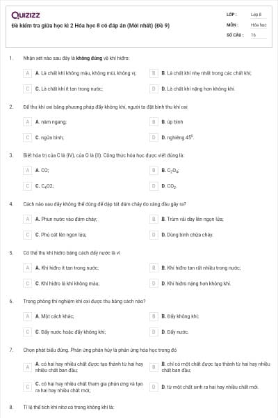 Đề kiểm tra giữa học kì 2 Hóa học 8 có đáp án (Mới nhất) (Đề 9)