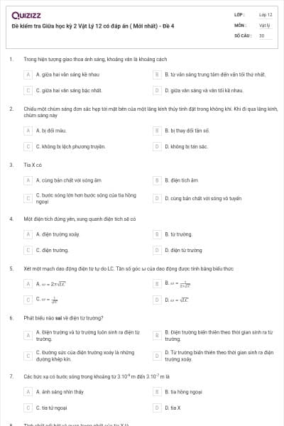 Đề kiểm tra Giữa học kỳ 2 Vật Lý 12 có đáp án ( Mới nhất) - Đề 4