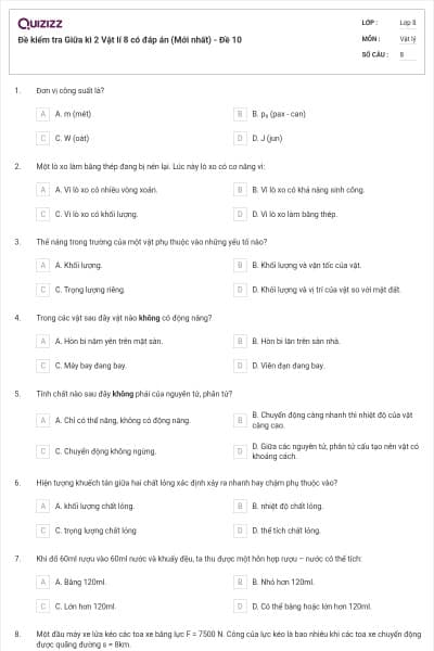 Đề kiểm tra Giữa kì 2 Vật lí 8 có đáp án (Mới nhất) - Đề 10
