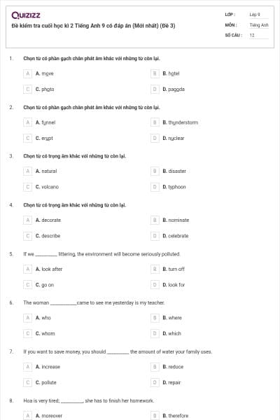 Đề kiểm tra cuối học kì 2 Tiếng Anh 9 có đáp án (Mới nhất) (Đề 3)