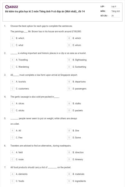 Đề kiểm tra giữa học kì 2 môn Tiếng Anh 9 có đáp án (Mới nhất)_ đề 14