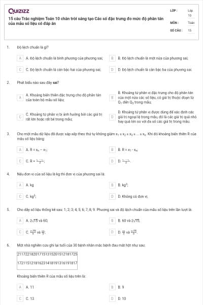 15 câu Trắc nghiệm Toán 10 chân trời sáng tạo Các số đặc trưng đo mức độ phân tán của mẫu số liệu có đáp án