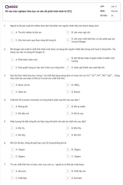 40 câu trắc nghiệm Hóa học và vấn đề phát triển kinh tế (P2)