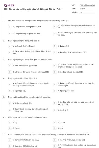 500+Câu hỏi trắc nghiệm quản trị cơ sở dữ liệu có đáp án - Phần 1