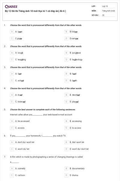 Bộ  12 Đề thi Tiếng Anh 10 mới Học kì 1 có đáp án( đề 6 )