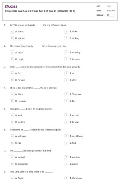 Đề kiểm tra cuối học kì 2 Tiếng Anh 9 có đáp án (Mới nhất) (Đề 5)