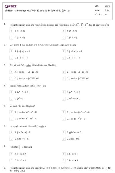 Đề kiểm tra Giữa học kì 2 Toán 12 có đáp án (Mới nhất) (Đề 12)