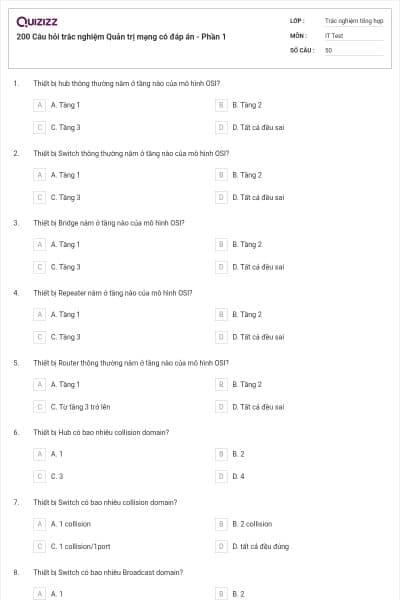 200 Câu hỏi trắc nghiệm Quản trị mạng có đáp án - Phần 1
