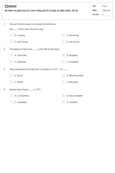 Đề kiểm tra giữa học kì 2 môn Tiếng Anh 8 có đáp án (Mới nhất)_ đề 26
