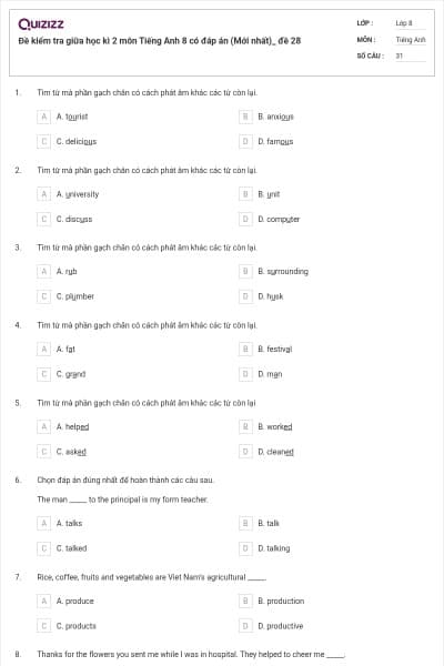 Đề kiểm tra giữa học kì 2 môn Tiếng Anh 8 có đáp án (Mới nhất)_ đề 28