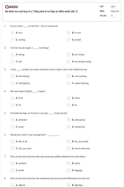 Đề kiểm tra cuối học kì 2 Tiếng Anh 8 có đáp án (Mới nhất) (Đề 7)