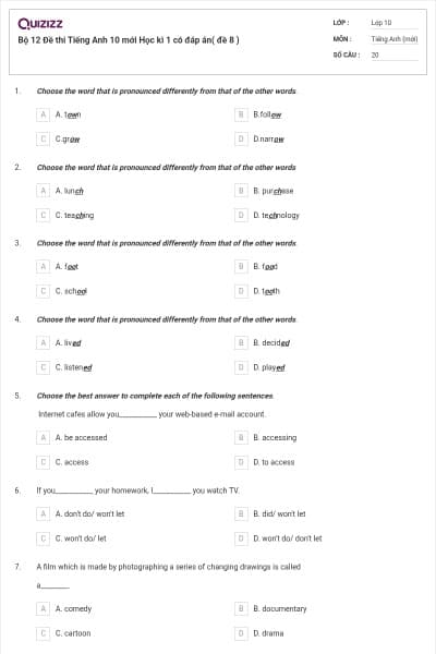 Bộ  12  Đề thi Tiếng Anh 10 mới Học kì 1 có đáp án( đề 8 )
